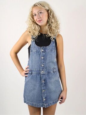 NWT Free People Sz L Edie Denim Skirtall Overall Dress Nimbus Button Front